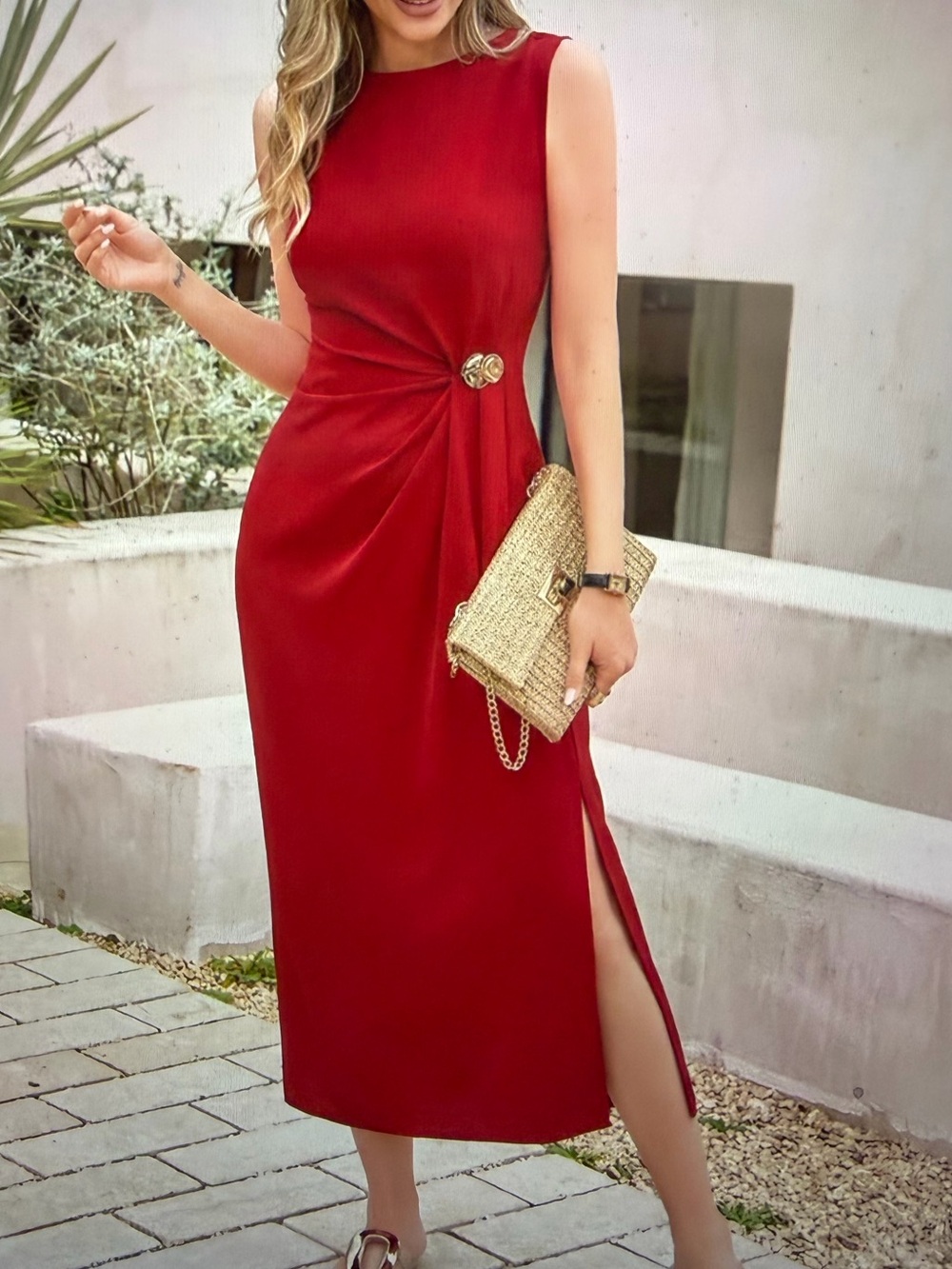 Sleeveless Burgundy Dress with Side Slit and Twist with Gold Detail - NWT - S